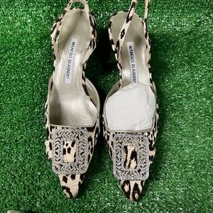 BNWT Manolo Blahnik Women's 36.5 Carolyne Snow Leopard Buckle Sling Heels Kitten